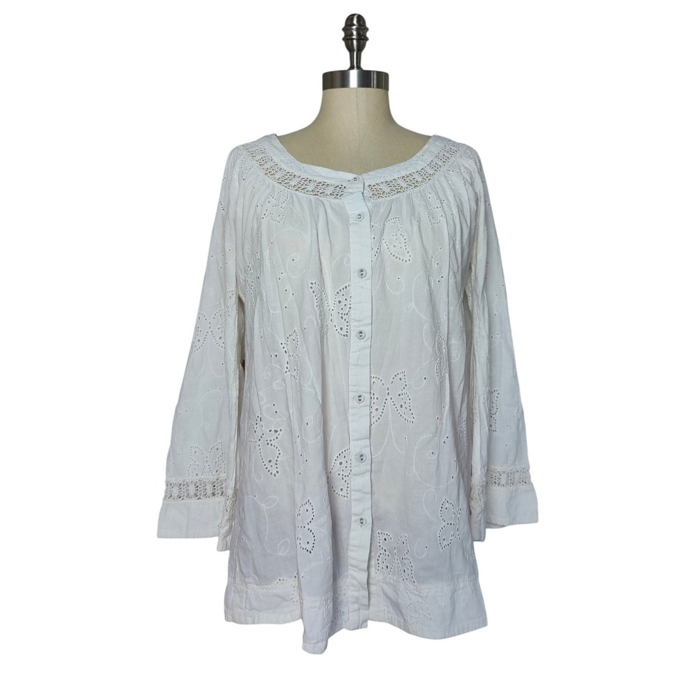White Cotton Eyelet Blouse Butterfly Embroidered Boho Prairie Bell Sleeve Top L